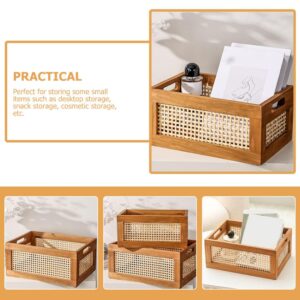 Cabilock Handmade Bamboo Rattan Storage Basket Home Office Tabletop Shelf Organizer Woven Storage Bin with Wooden Frame & Handles