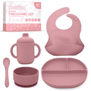 koddlers silicone baby feeding set - baby led weaning supplies - baby suction plate and bowl set - baby self feeding spoons forks sippy cup and bib - baby eating utensils for 6+ months (pink)
