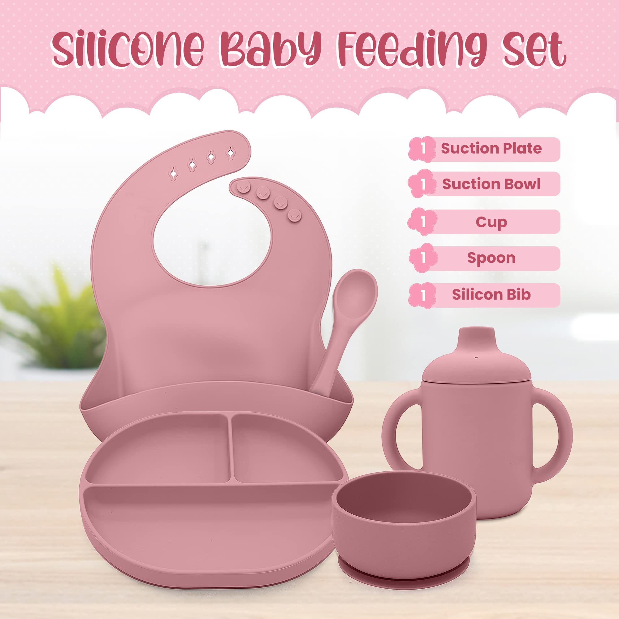 Koddlers Silicone Baby Feeding Set - Baby Led Weaning Supplies - Baby Suction Plate and Bowl Set - Baby Self Feeding Spoons Forks Sippy Cup and Bib - Baby Eating Utensils for 6+ Months (Pink)