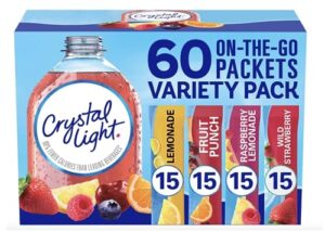 crystal light sugar-free, lemonade, fruit punch, raspberry lemonade and wild strawberry on-the-go powdered drink singles mix variety pack, 60 count, each packet dissolves into any 16.9 oz