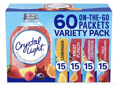 Crystal Light Sugar-Free, Lemonade, Fruit Punch, Raspberry Lemonade and Wild Strawberry On-The-Go Powdered Drink Singles Mix Variety Pack, 60 Count, Each Packet Dissolves into any 16.9 oz