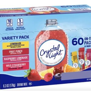 Crystal Light Sugar-Free, Lemonade, Fruit Punch, Raspberry Lemonade and Wild Strawberry On-The-Go Powdered Drink Singles Mix Variety Pack, 60 Count, Each Packet Dissolves into any 16.9 oz