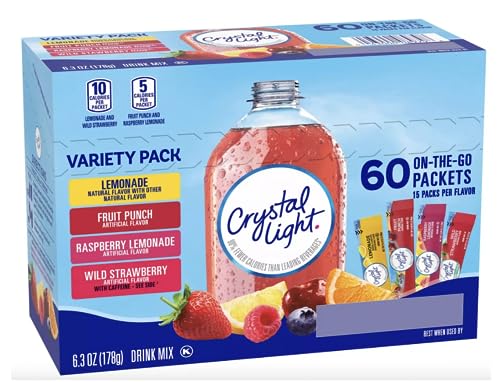 Crystal Light Sugar-Free, Lemonade, Fruit Punch, Raspberry Lemonade and Wild Strawberry On-The-Go Powdered Drink Singles Mix Variety Pack, 60 Count, Each Packet Dissolves into any 16.9 oz