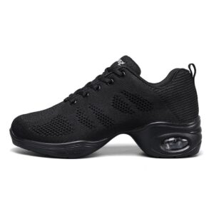 women's breathable air cushion jazz dance shoes lace up mesh sneakers - split sole athletic walking dance thick sole (black,8.5)