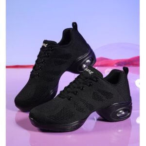 Women's Breathable Air Cushion Jazz Dance Shoes Lace Up Mesh Sneakers - Split Sole Athletic Walking Dance Thick Sole (Black,8.5)