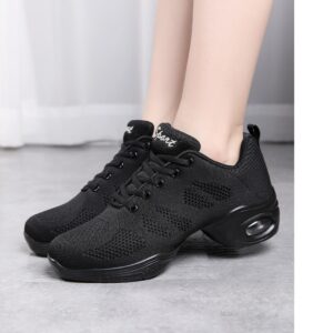 Women's Breathable Air Cushion Jazz Dance Shoes Lace Up Mesh Sneakers - Split Sole Athletic Walking Dance Thick Sole (Black,8.5)