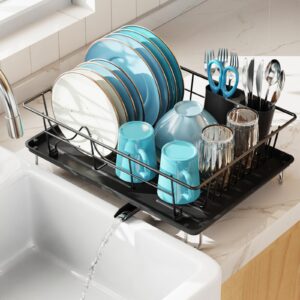 gslife dish drying rack with drainboard - dish racks for kitchen counter, rust-resistant compact dish drainer with utensil holder, drain spout and high feet on drip tray, black