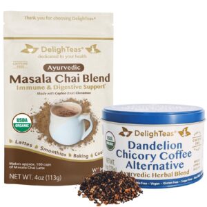 delighteas organic masala chai powder and herbal coffee bundle - caffeine free, unsweetened, vegan, keto, usda organic