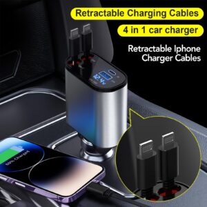 Retractable Car Charger, 4 in 1 Fast Car Phone Charger 66W, 2 Retractable iPhone Cables and USB Car Charger,Compatible with iPhone 15/14/13/12/11,Galaxy,Pixel