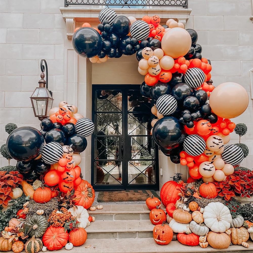 UAEYW Halloween Balloon Arch Garland Kit 144PCS Burnt Orange Black Sand White Balloons with Striped Foil Balloons for Halloween Day Party Decorations
