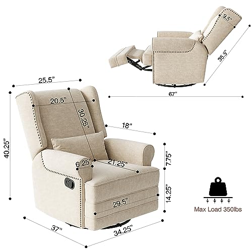 FansaFurn Recliner Comfy Upholstered Glider Lumbar Pillow and Footrest, Swivel Rocking Chair for Living Room, Beige