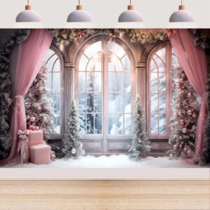 pink curtain winter xmas photo background christmas winter snow forest window photography background family holiday party decorations baby shower 1st birthday backdrop,8x6ft