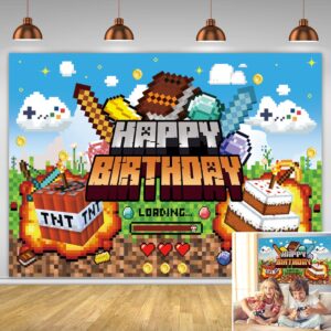 pixel video game theme backdrop children boy happy birthday party decoration banner miner mining earth block banner pixel cartoon photography props (7x5ft(210x150cm))