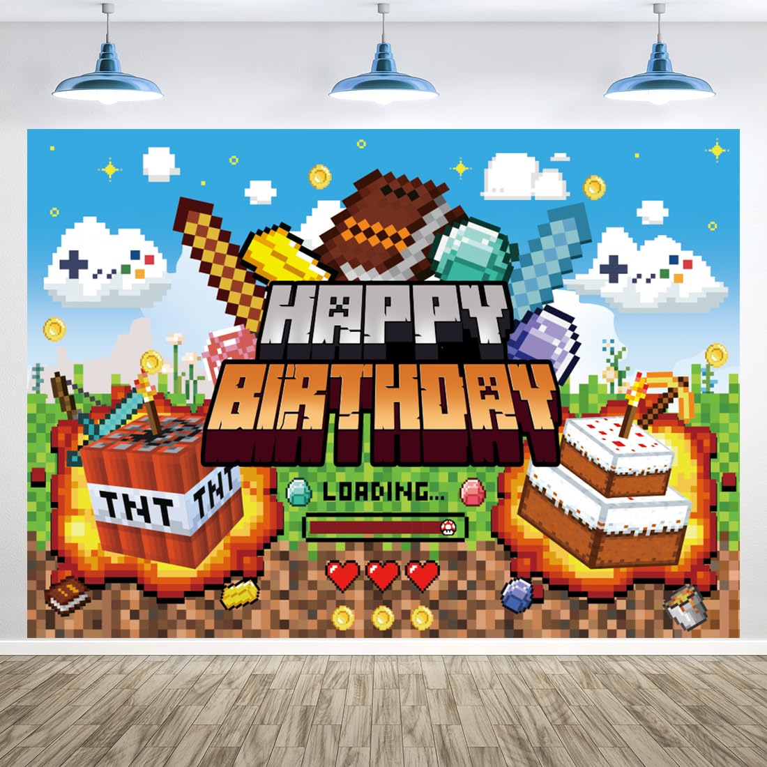 Pixel Video Game Theme Backdrop Children Boy Happy Birthday Party Decoration Banner Miner Mining Earth Block Banner Pixel Cartoon Photography Props (7x5FT(210X150cm))