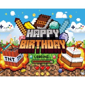 Pixel Video Game Theme Backdrop Children Boy Happy Birthday Party Decoration Banner Miner Mining Earth Block Banner Pixel Cartoon Photography Props (7x5FT(210X150cm))