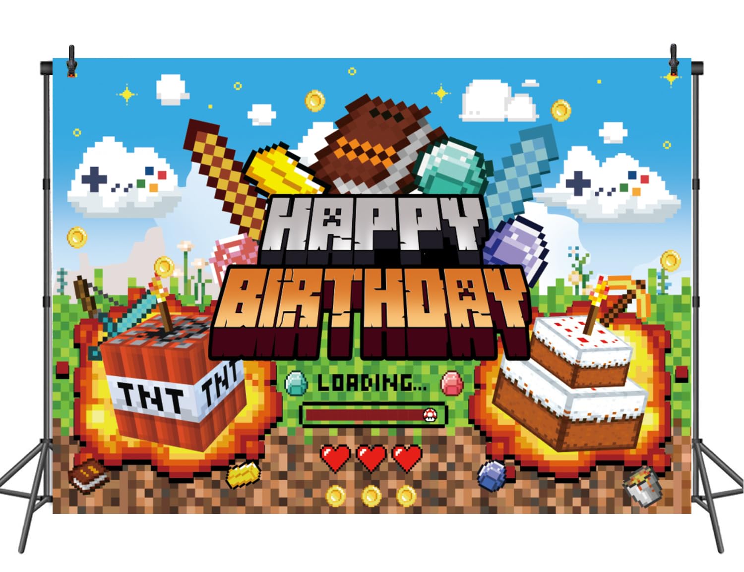 Pixel Video Game Theme Backdrop Children Boy Happy Birthday Party Decoration Banner Miner Mining Earth Block Banner Pixel Cartoon Photography Props (7x5FT(210X150cm))