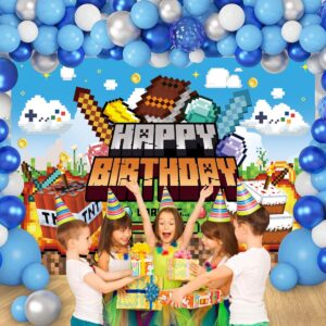 Pixel Video Game Theme Backdrop Children Boy Happy Birthday Party Decoration Banner Miner Mining Earth Block Banner Pixel Cartoon Photography Props (7x5FT(210X150cm))