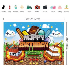 Pixel Video Game Theme Backdrop Children Boy Happy Birthday Party Decoration Banner Miner Mining Earth Block Banner Pixel Cartoon Photography Props (7x5FT(210X150cm))