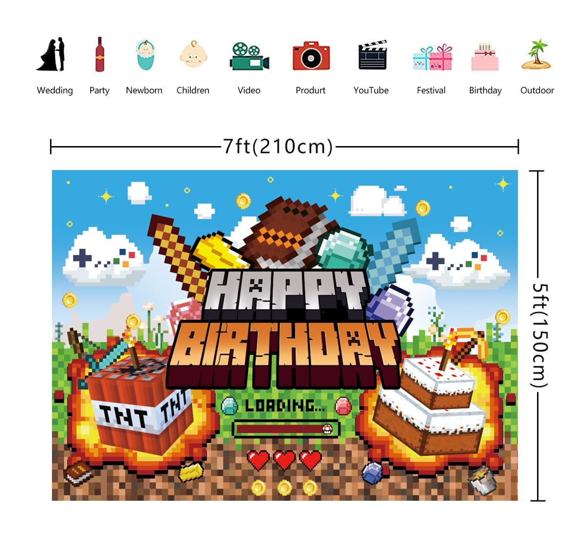 Pixel Video Game Theme Backdrop Children Boy Happy Birthday Party Decoration Banner Miner Mining Earth Block Banner Pixel Cartoon Photography Props (7x5FT(210X150cm))