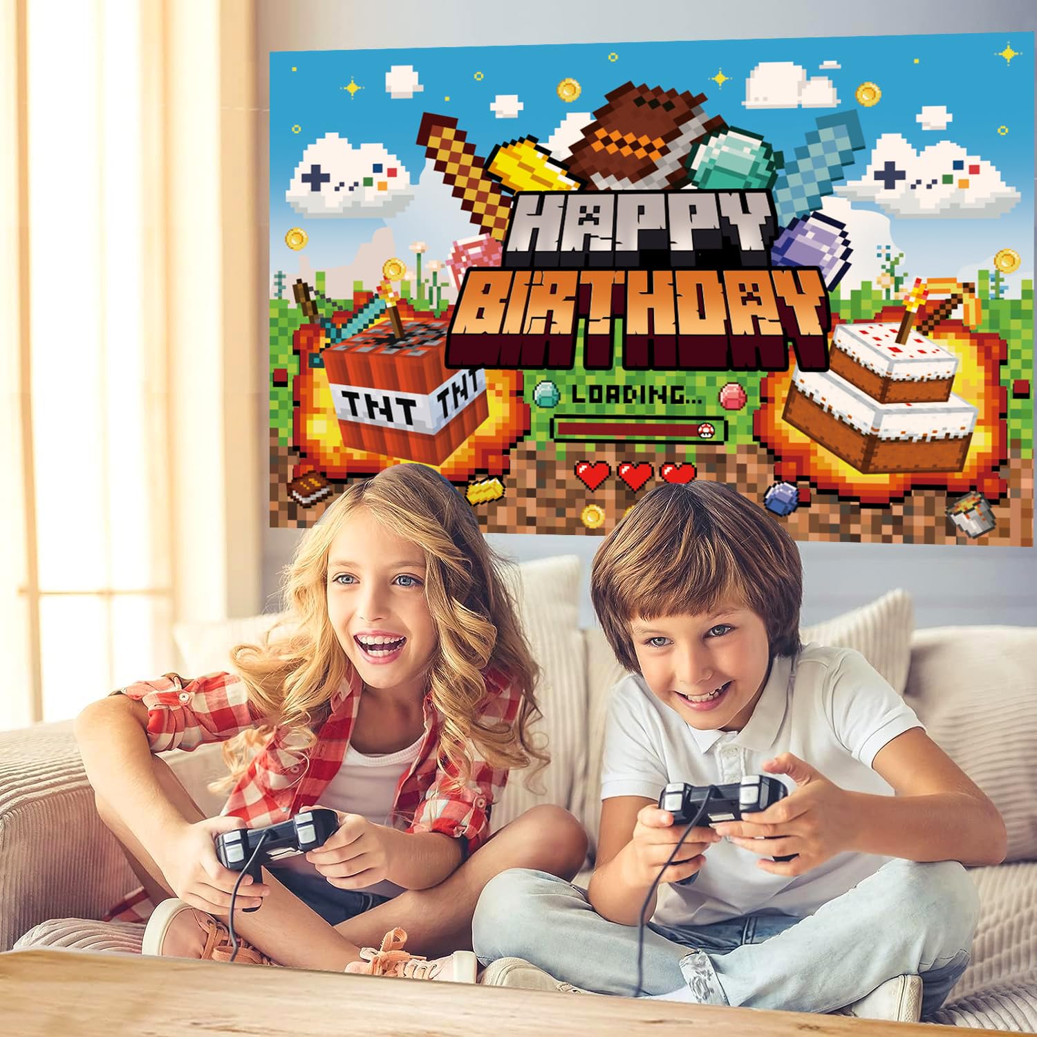 Pixel Video Game Theme Backdrop Children Boy Happy Birthday Party Decoration Banner Miner Mining Earth Block Banner Pixel Cartoon Photography Props (7x5FT(210X150cm))