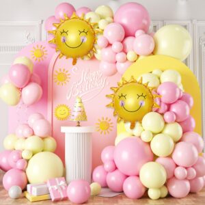 first trip around the sun birthday decorations for girls，pink and yellow balloons garland kit with sunshine balloons boho sun 1st baby shower party supplies