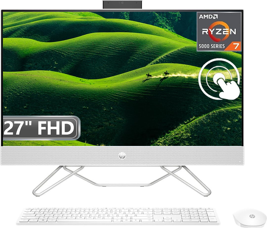 HP 27" Touchscreen All in One Desktop Computer, 27" Touch FHD, 8 Core AMD Ryzen 7 Processor, 32GB DDR4 RAM, 1TB SSD, WiFi, Bluetooth, 1080P Webcam, Wireless Keyboard and Mouse Combo, Windows 11 Home