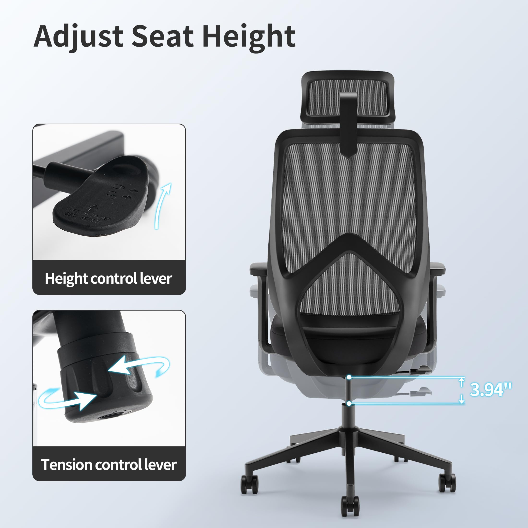 Rongbuk Ergonomic Executive Computer Desk Chair with 3D Armrests, 2D Headrest, Swivel Task Chair with Lumbar Support, Sturdy Base with Wheels, Mesh Office Chair, White