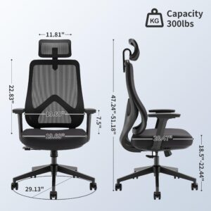 Rongbuk Ergonomic Executive Computer Desk Chair with 3D Armrests, 2D Headrest, Swivel Task Chair with Lumbar Support, Sturdy Base with Wheels, Mesh Office Chair, White