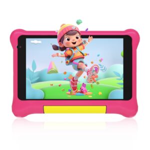 rowt kids tablet 7-inch tablet for kids android 12 with case, wifi, bluetooth, parental control mode, dual camera, eye protection, learning tablet (pink)