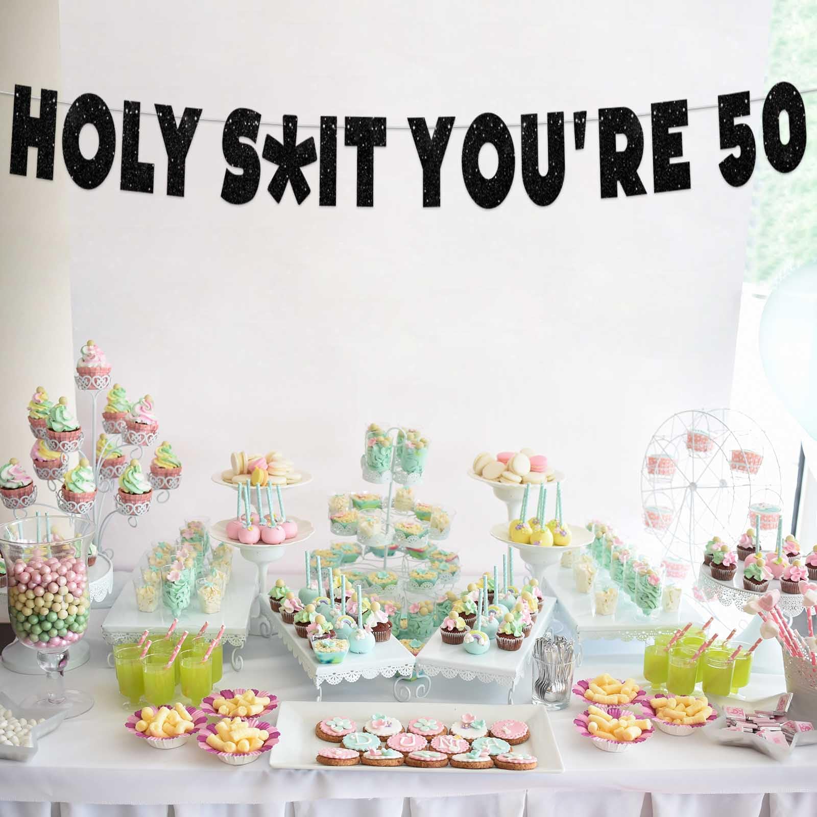 Holy S**t You’re 50! Banner Glitter Black Hallo Fiftieth Cheers to 50 Years Old Theme Backdrop Decor for Man Woman Happy 50th Birthday Party Decorations Photo Studio Prop Flag Favors Supplies