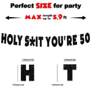 Holy S**t You’re 50! Banner Glitter Black Hallo Fiftieth Cheers to 50 Years Old Theme Backdrop Decor for Man Woman Happy 50th Birthday Party Decorations Photo Studio Prop Flag Favors Supplies