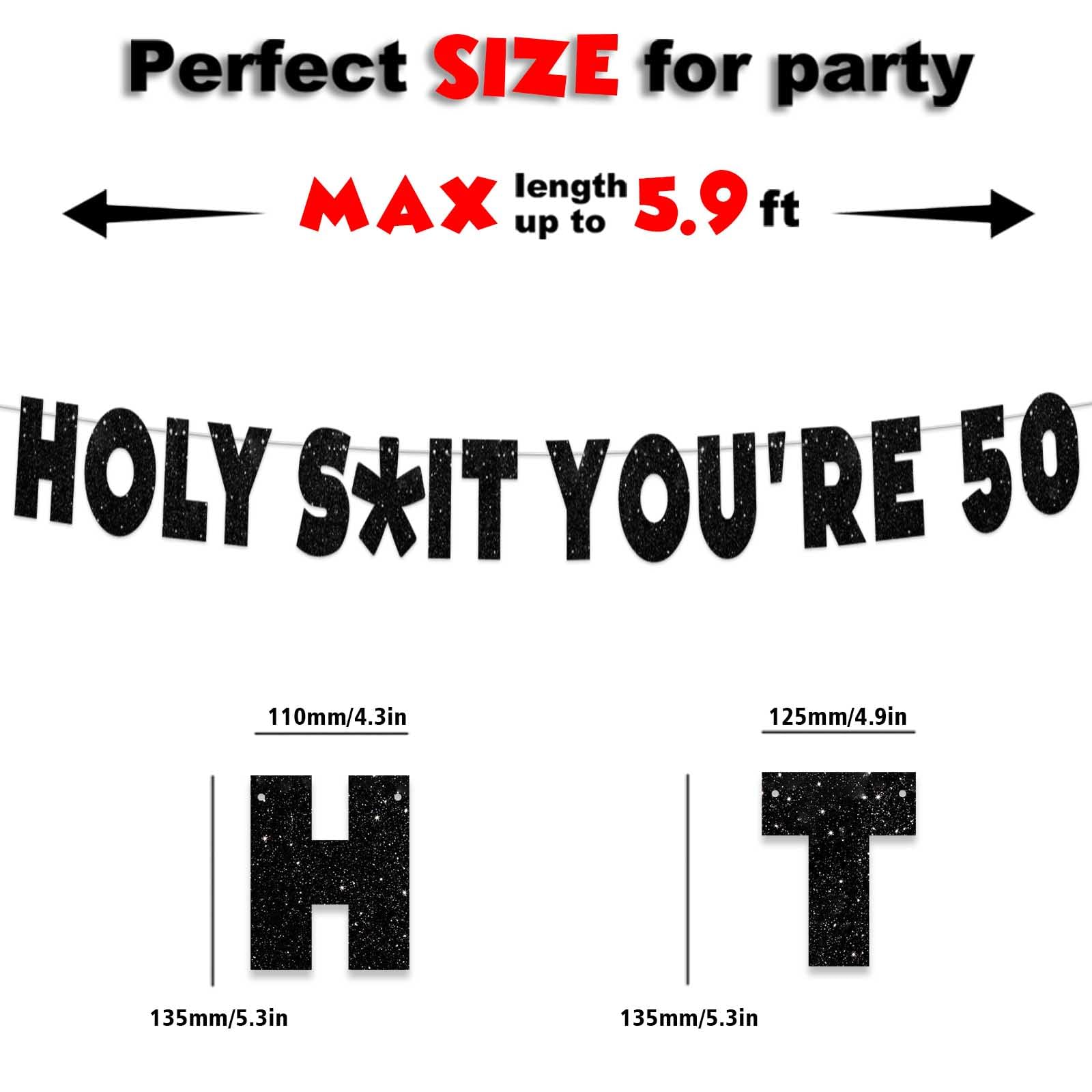 Holy S**t You’re 50! Banner Glitter Black Hallo Fiftieth Cheers to 50 Years Old Theme Backdrop Decor for Man Woman Happy 50th Birthday Party Decorations Photo Studio Prop Flag Favors Supplies