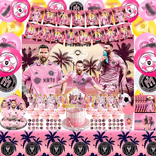 𝓜𝓮𝓼𝓼𝓲 Birthday Party Decorations 136pcs Pink Miami Birthday Supplies,Include Happy Birthday Banner,Balloons,Cake Topper,Cupcake Topper Backdrop,Tablecloth Etc Meet all your needs