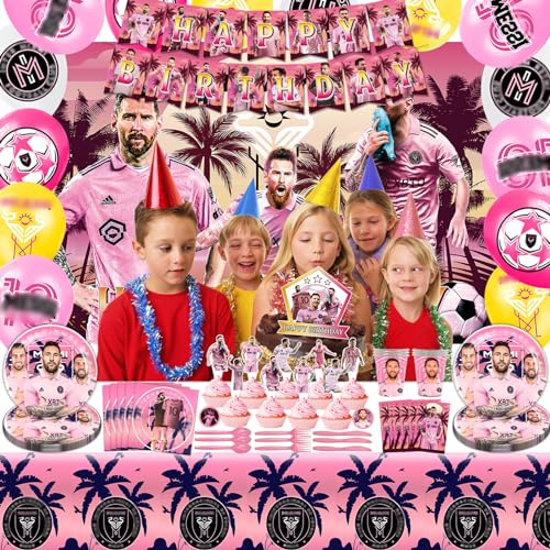 𝓜𝓮𝓼𝓼𝓲 Birthday Party Decorations 136pcs Pink Miami Birthday Supplies,Include Happy Birthday Banner,Balloons,Cake Topper,Cupcake Topper Backdrop,Tablecloth Etc Meet all your needs