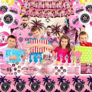 𝓜𝓮𝓼𝓼𝓲 Birthday Party Decorations 136pcs Pink Miami Birthday Supplies,Include Happy Birthday Banner,Balloons,Cake Topper,Cupcake Topper Backdrop,Tablecloth Etc Meet all your needs