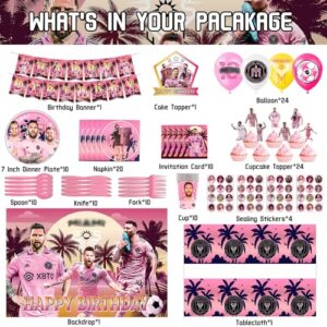 𝓜𝓮𝓼𝓼𝓲 Birthday Party Decorations 136pcs Pink Miami Birthday Supplies,Include Happy Birthday Banner,Balloons,Cake Topper,Cupcake Topper Backdrop,Tablecloth Etc Meet all your needs