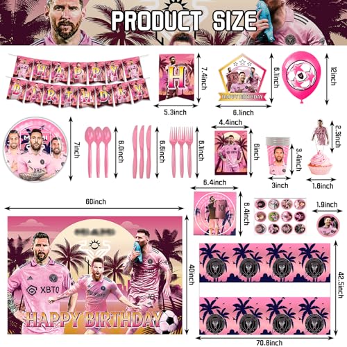 𝓜𝓮𝓼𝓼𝓲 Birthday Party Decorations 136pcs Pink Miami Birthday Supplies,Include Happy Birthday Banner,Balloons,Cake Topper,Cupcake Topper Backdrop,Tablecloth Etc Meet all your needs