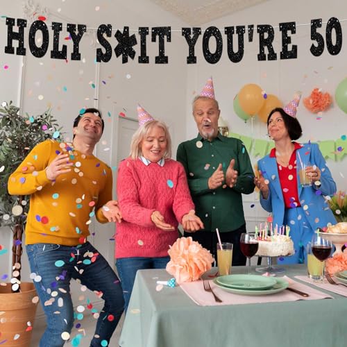 Holy S**t You’re 50! Banner Backdrop Glitter Black Hallo Fiftieth Cheers to 50 Years Old Theme Decor for Man Woman Happy 50th Birthday Party Decorations Photo Studio Prop Flag Favors Supplies