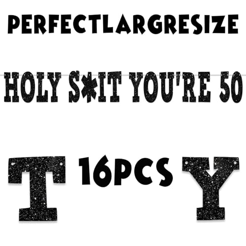 Holy S**t You’re 50! Banner Backdrop Glitter Black Hallo Fiftieth Cheers to 50 Years Old Theme Decor for Man Woman Happy 50th Birthday Party Decorations Photo Studio Prop Flag Favors Supplies