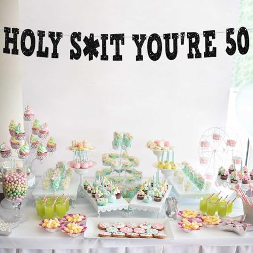 Holy S**t You’re 50! Banner Backdrop Glitter Black Hallo Fiftieth Cheers to 50 Years Old Theme Decor for Man Woman Happy 50th Birthday Party Decorations Photo Studio Prop Flag Favors Supplies