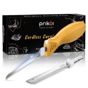 prikoi cordless electric knife, easy-slice serrated edge blades for carving turkey, bread, fillet, diy, ergonomic handle + 2 blades