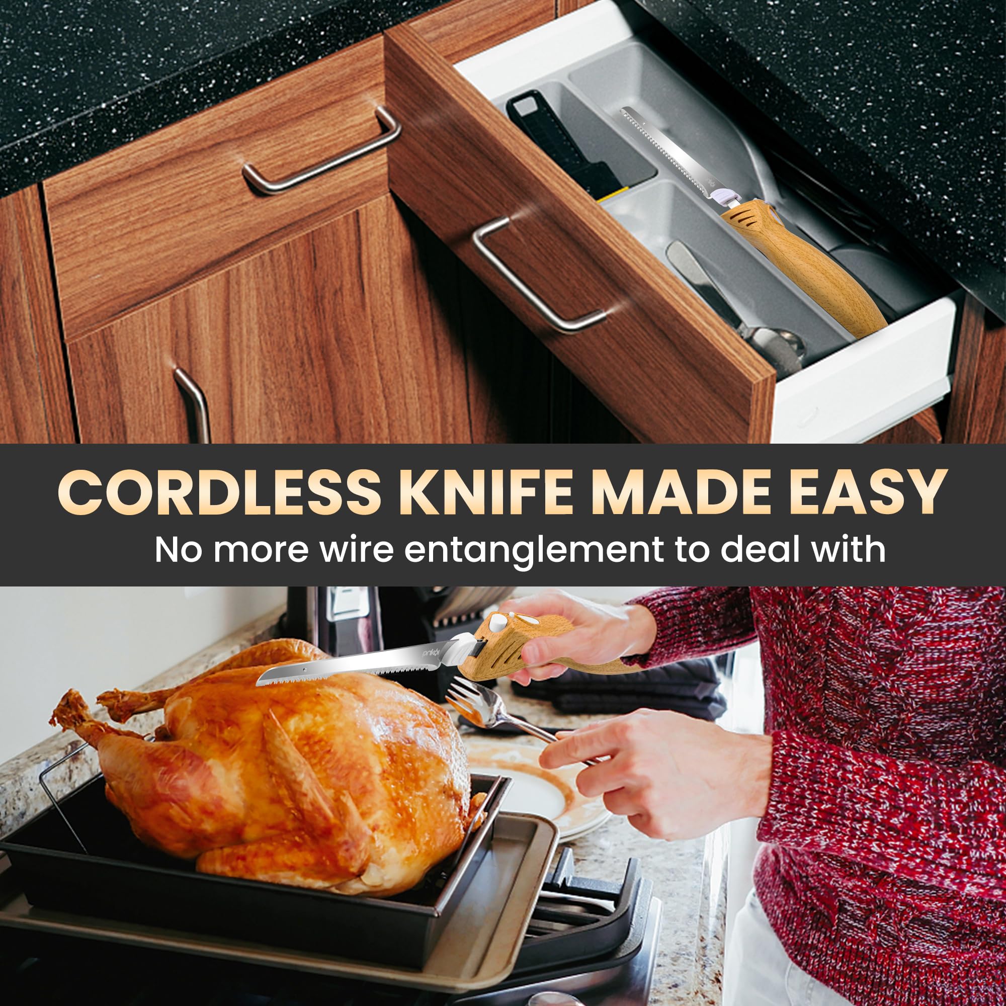 Prikoi Cordless Electric Knife, Easy-Slice Serrated Edge Blades for Carving Turkey, Bread, Fillet, DIY, Ergonomic Handle + 2 Blades