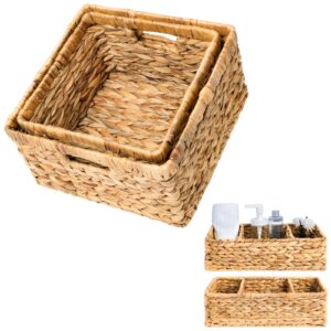 oehid water hyacinth storage baskets, 2 pack rattan storage baskets for organizing + 2 pack toilet tank paper basket with 3-section