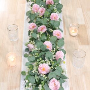 tochgreen 2 pack 13ft artificial eucalyptus flower garland with pink roses, fake rose flower greenery garland floral vines for wedding home party table runner decor (2pcs, pink)