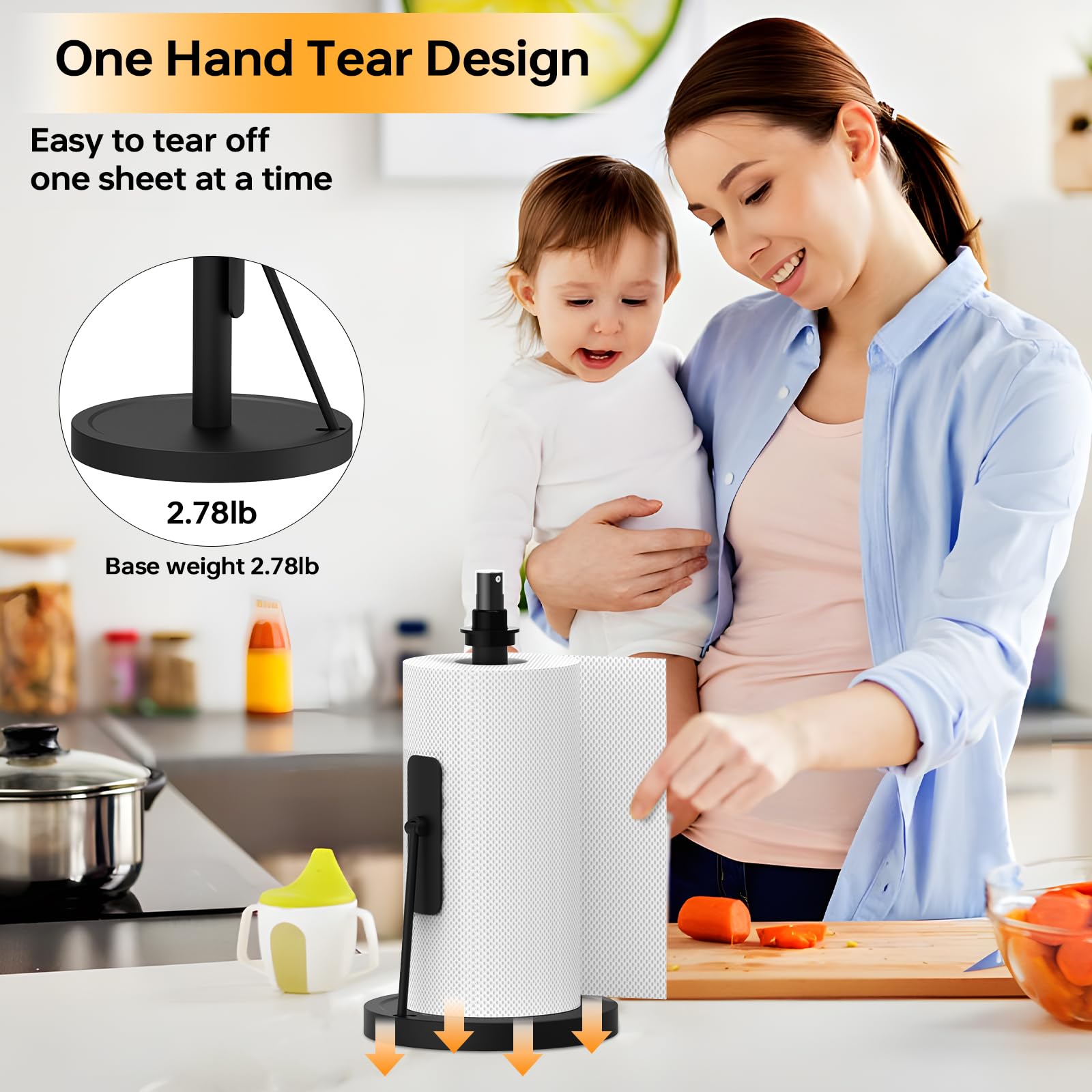 Manduoye 2 in 1 Paper Towel Holder with Spray Bottle, Paper Towel Holder One-Handed Operation with Non Slip Weighted Base, Paper Towel Holder Countertop for Kitchen and Bathroom (Black)