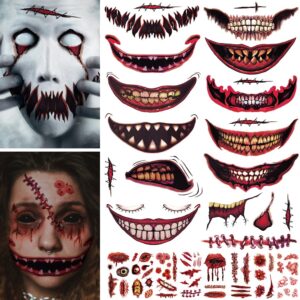 75+ pcs 21 sheets halloween prank makeup temporary tattoos, horror clown face tattoos, face decals fake tattoos for adults and kids, zombie makeup scar cosplay halloween tattoos for party halloween