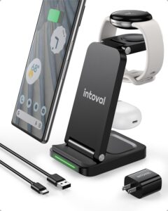 intoval 3-in-1 pixel watch 1 charger, portable wireless charging station for google pixel watch 1, pixel 8/8 pro, folding charging stand for google pixel watch 1 gen (g3, black)