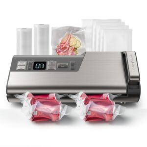 mesliese vacuum sealer machine, 95kpa 140w one hand operation food sealer, double seal strip with build-in cutter & countdown display, 2 bag rolls, 5pcs pre-cut bags, pulse & marinate enabled