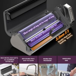 Mesliese Vacuum Sealer Machine, 95kPa 140W One Hand Operation Food Sealer, Double Seal Strip with Build-in Cutter & Countdown Display, 2 Bag Rolls, 5PCS Pre-cut Bags, PULSE & Marinate Enabled