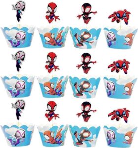 12 pcs spider and his friends cupcake decorations, double sided toppers and wrappers, superhero decorations, boys and girls birthday party supplies